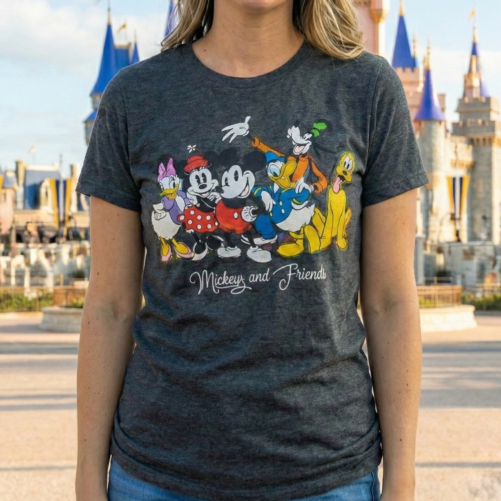 Disney Mickey & Friends Graphic T-Shirt Medium Gray Soft Rayon Blend Tee Top EUC